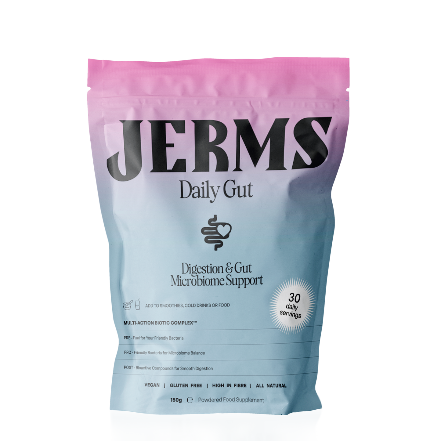 Supplement package labeled 'JERMS Daily Gut' on a white background