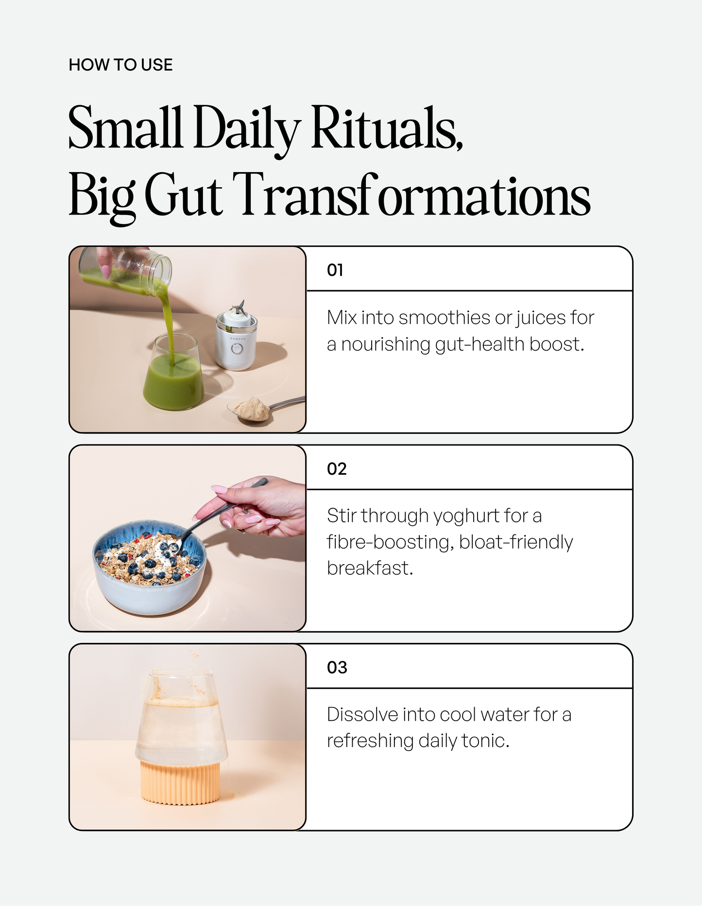Instructions on how to use a product for gut health transformations with images of smoothies, yogurt, and water.