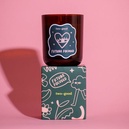 two~good Future Focused sandalwood and oud soy wax candle in glass jar
