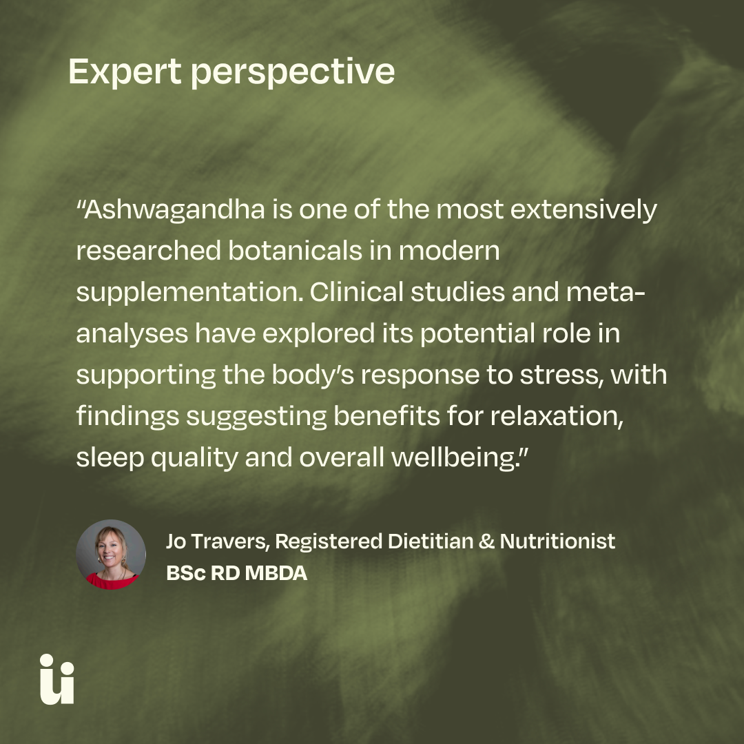 Text on a green background about Ashwagandha and its benefits, with a registered dietitian's name and credentials.