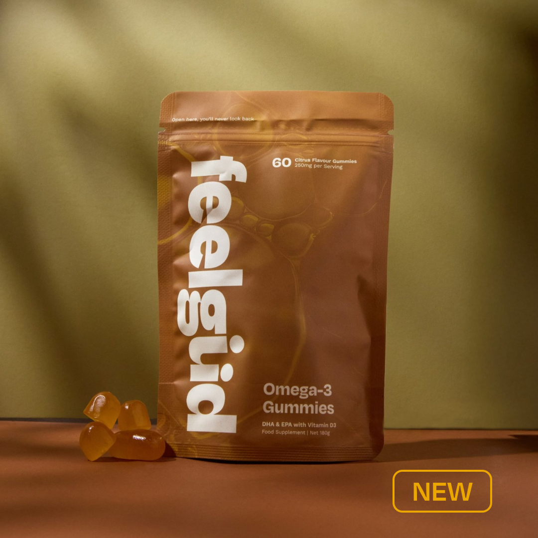 feeligid Omega-3 Gummies packaging with gummies on a brown background